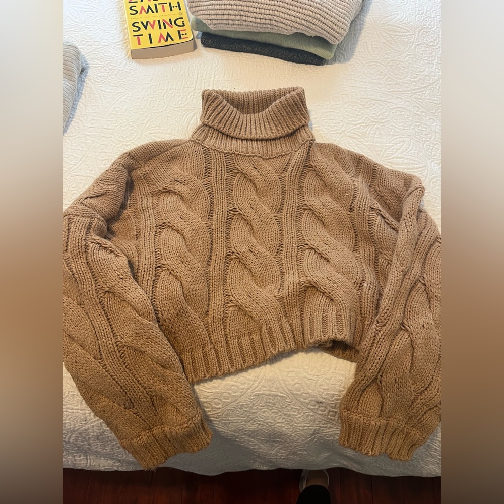 storets Taupe Cable-Knit Cropped Turtleneck Sweater